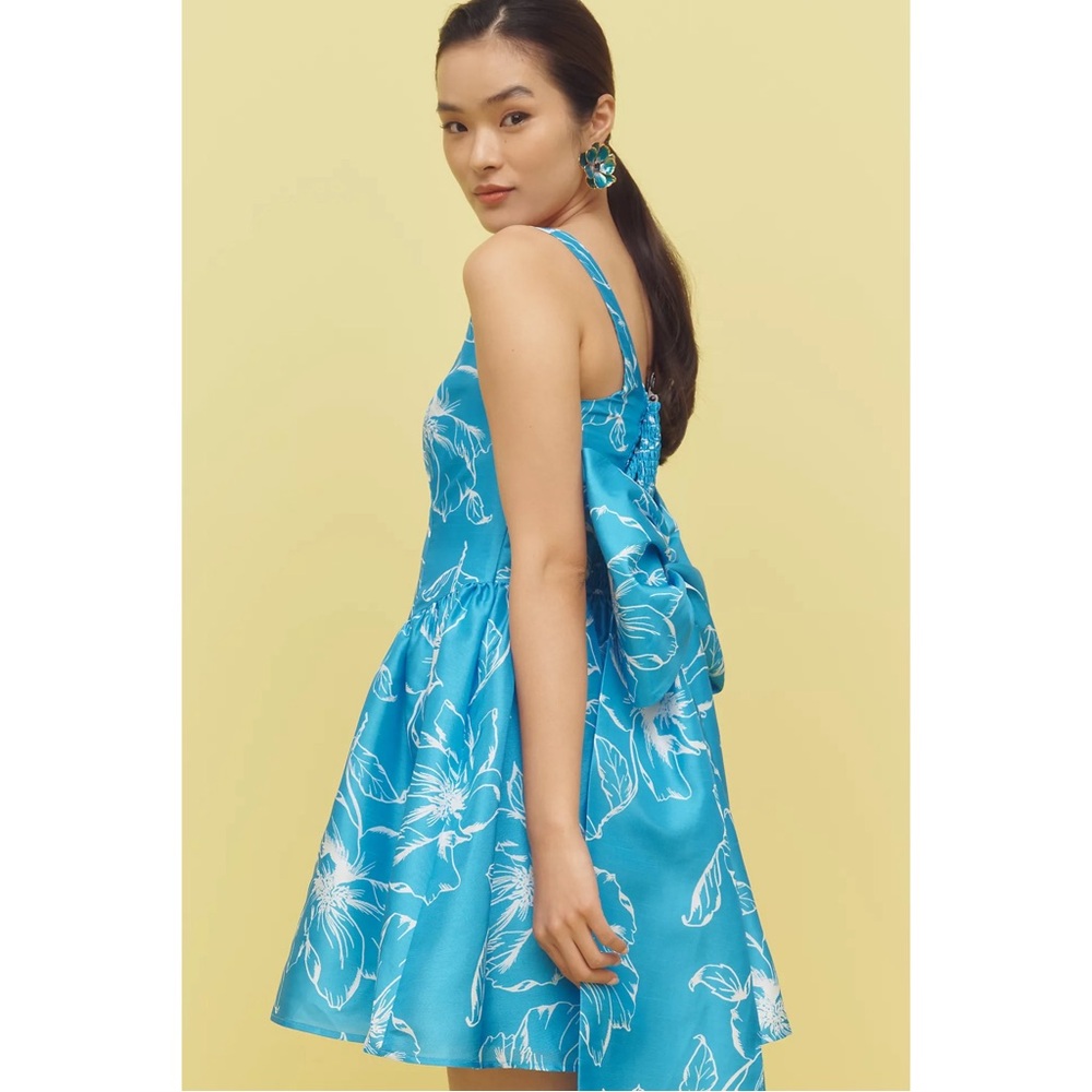 Anthropologie Hutch Blue Floral Basque Waist Back Bow High Low Mini Dress Medium - Picture 4 of 5